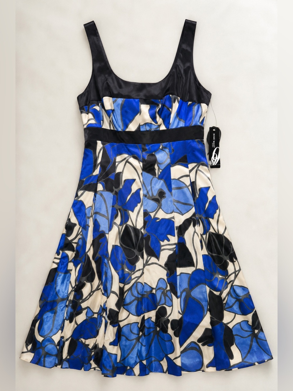 Floral Fit-and-Flare Dress in Blue and Black